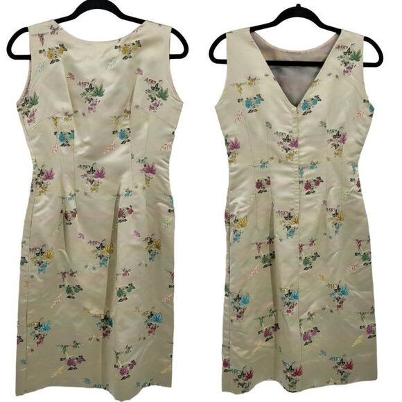 Vtg 60's Womens Dress 2pc Set Asian Satin Sheath‎ Bolero Jacket Gold Floral Sz M - Picture 4 of 17